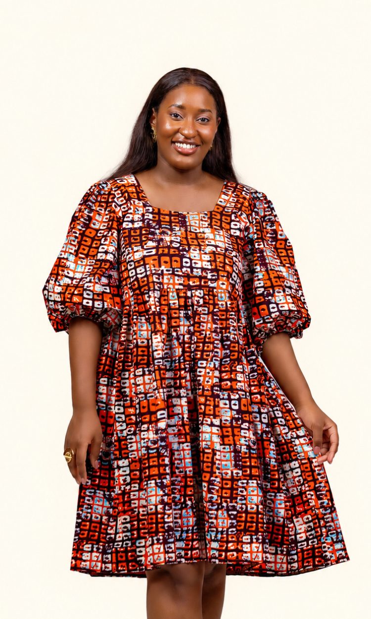 Robe en wax à manches bouffantes orange