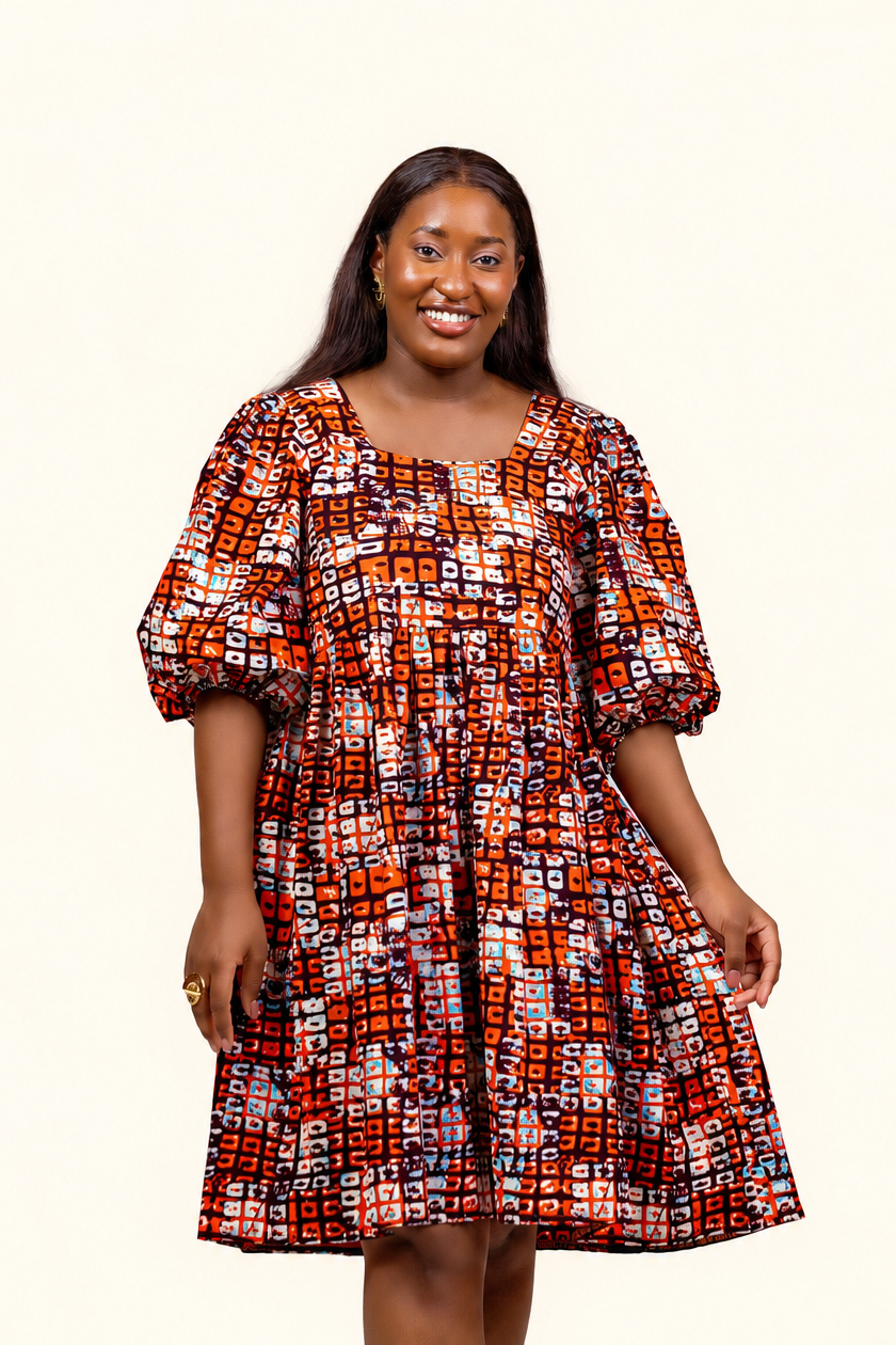 Robe en wax à manches bouffantes orange