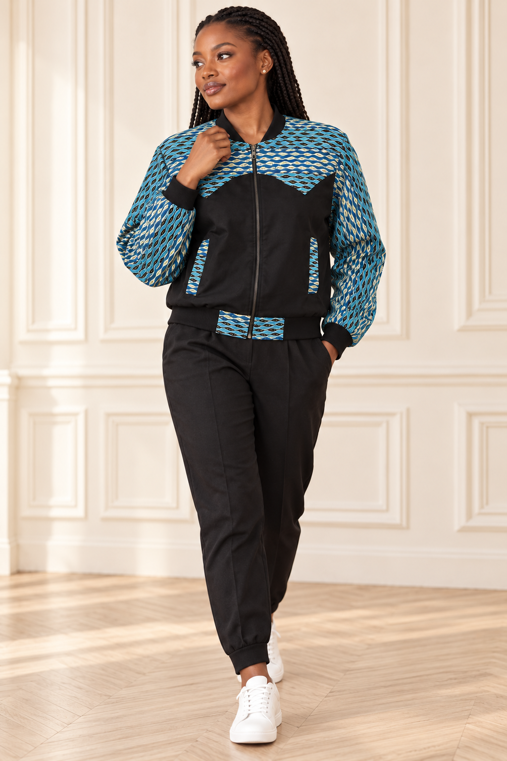 Bomber jacket en pagne wax motif géométrique