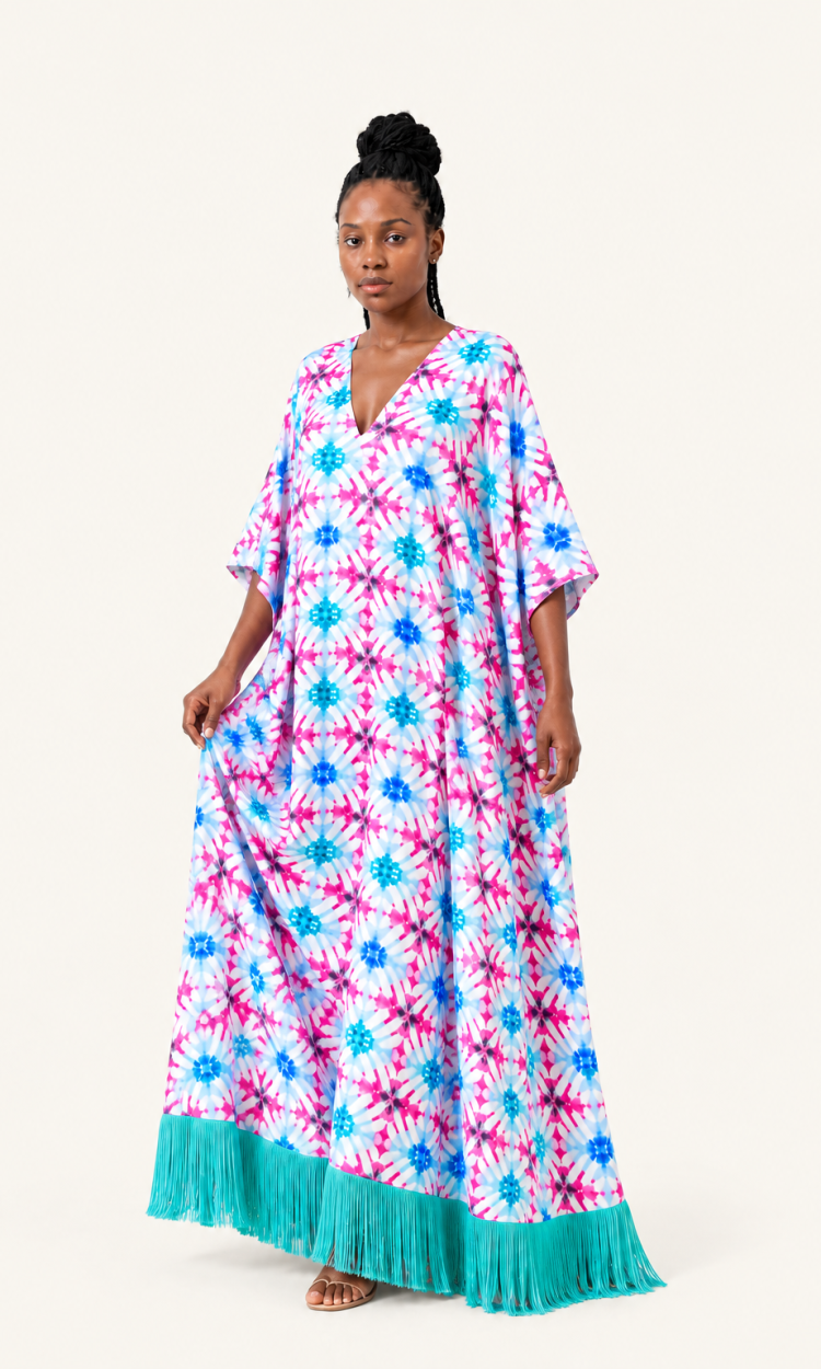 kaftan en satin imprimés wax turquoise